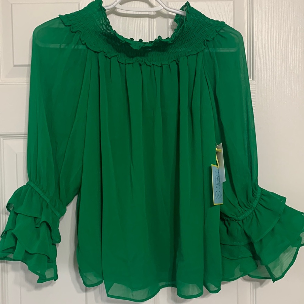 NWT CeCe Green Ruffle-Sleeve Smocked Neck Blouse